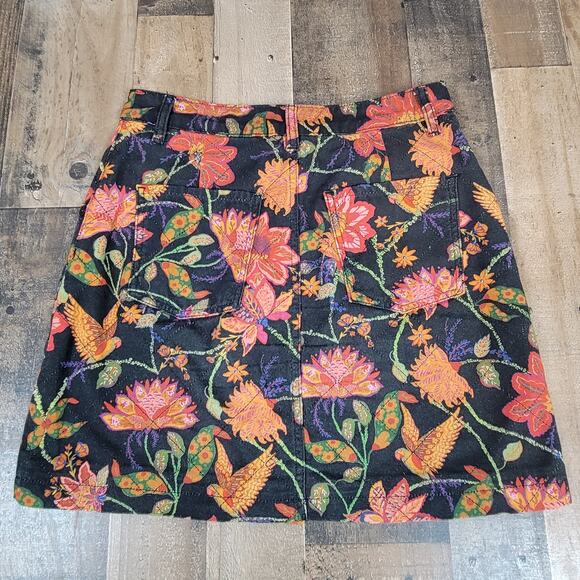 Farm Rio Anthropologie Quilted Mini Skirt Small‎ Black Pink Floral Birds Boho - Picture 4 of 11